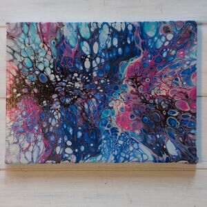 Abstract Acrylic Painting Blue Pink Gold  Stretched Canvas Art 8"×6" Handmade